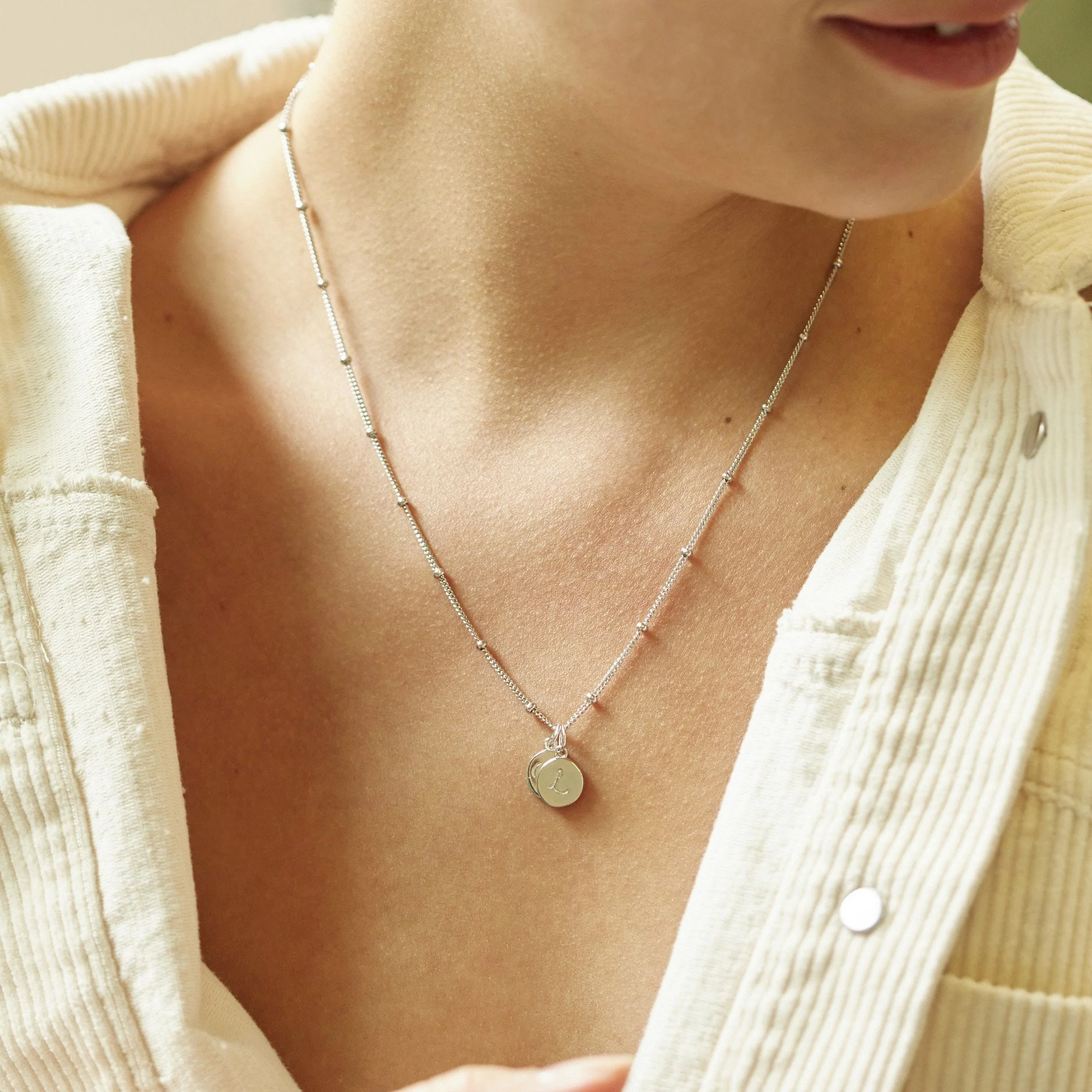 Mother and Child Discs Necklace Silver With Bead Chain - Image 5