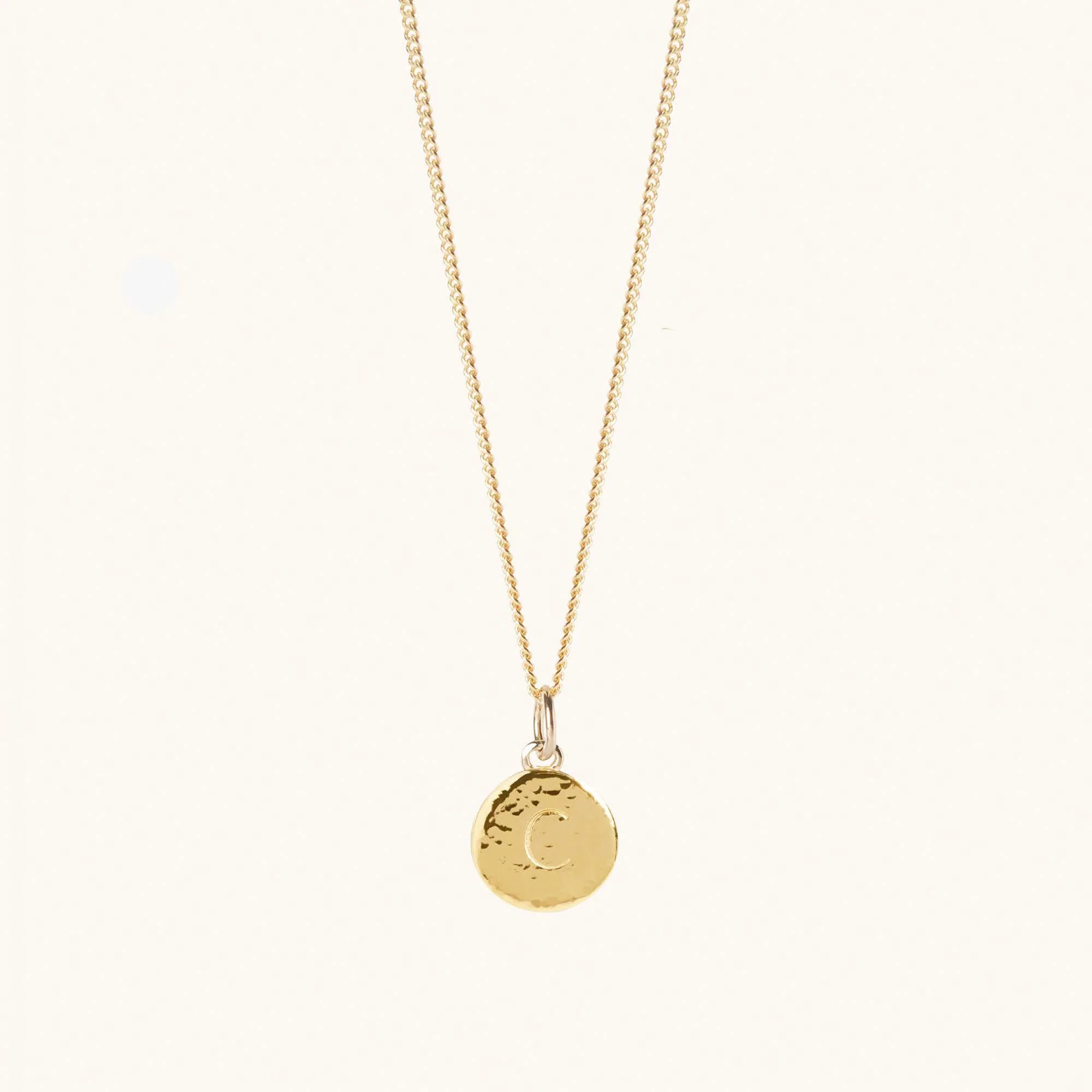Initial Hammered Disc Curb Chain Necklace in Gold