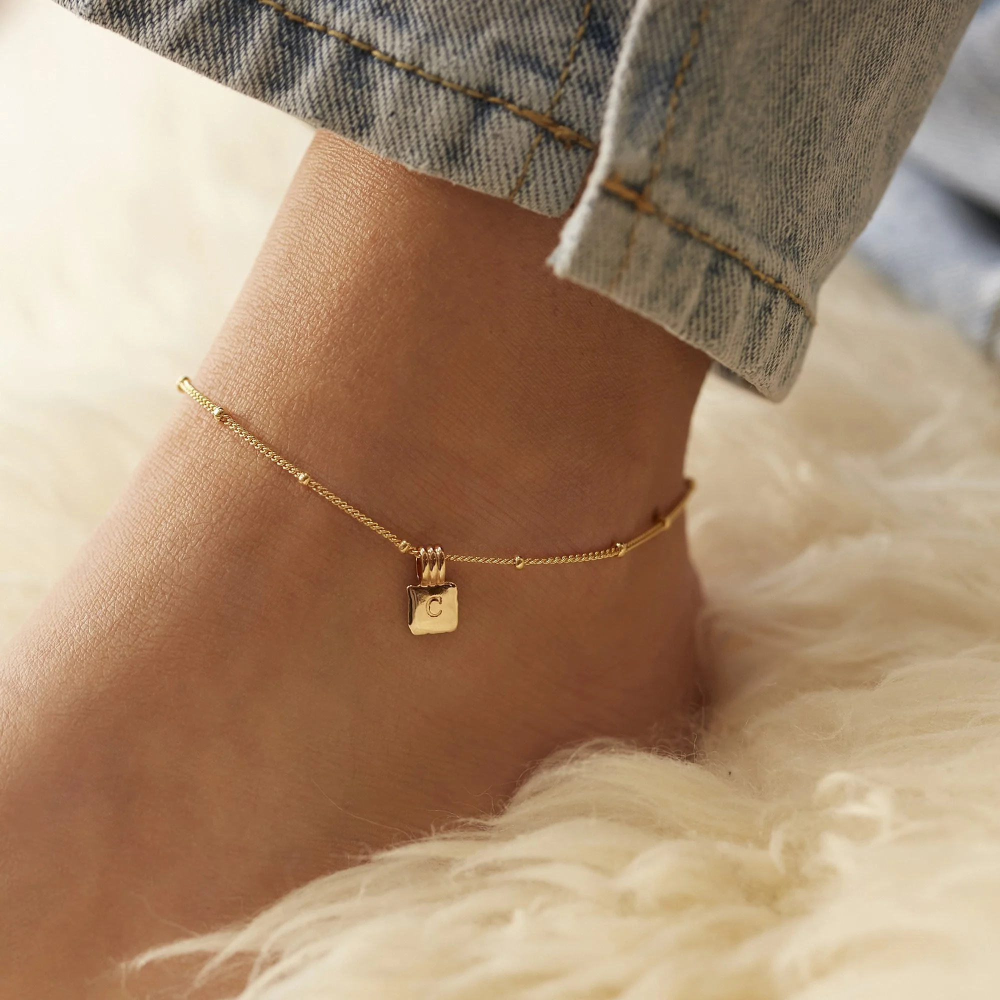 Initial Square Charm Anklet Silver - Image 2